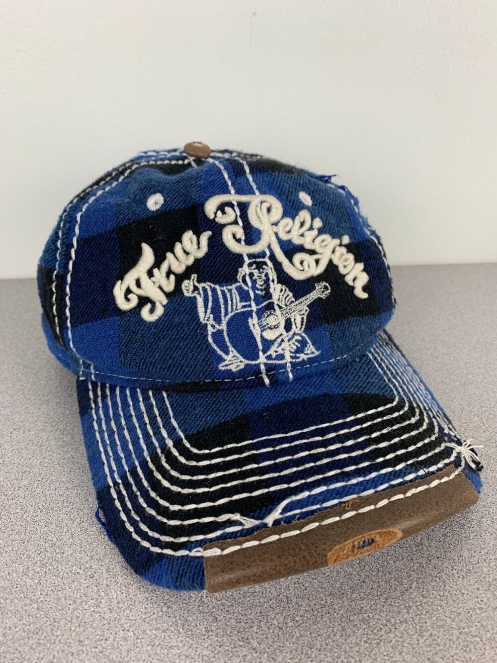 True Religion Distressed Blue Plaid Hat
